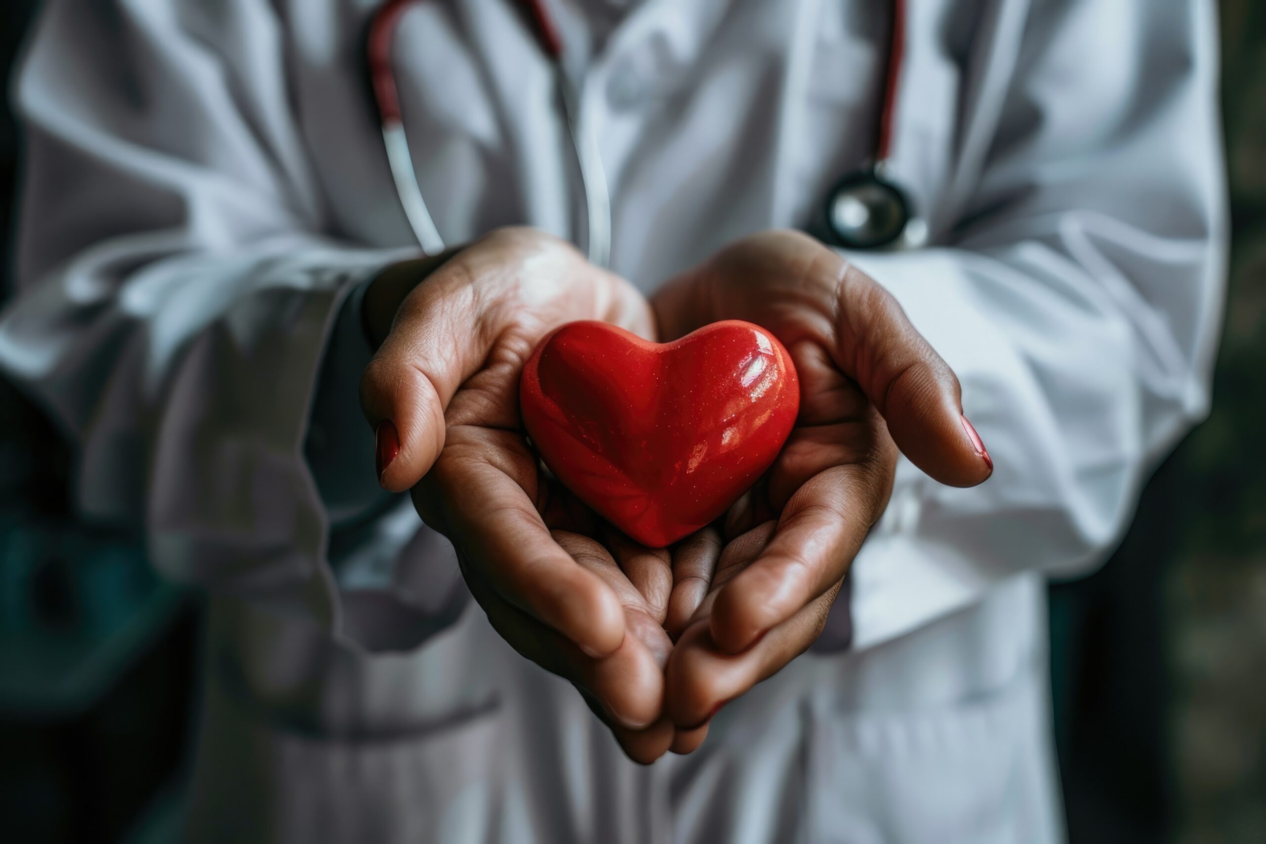 photo of a doctor holding toy red heart in his hands